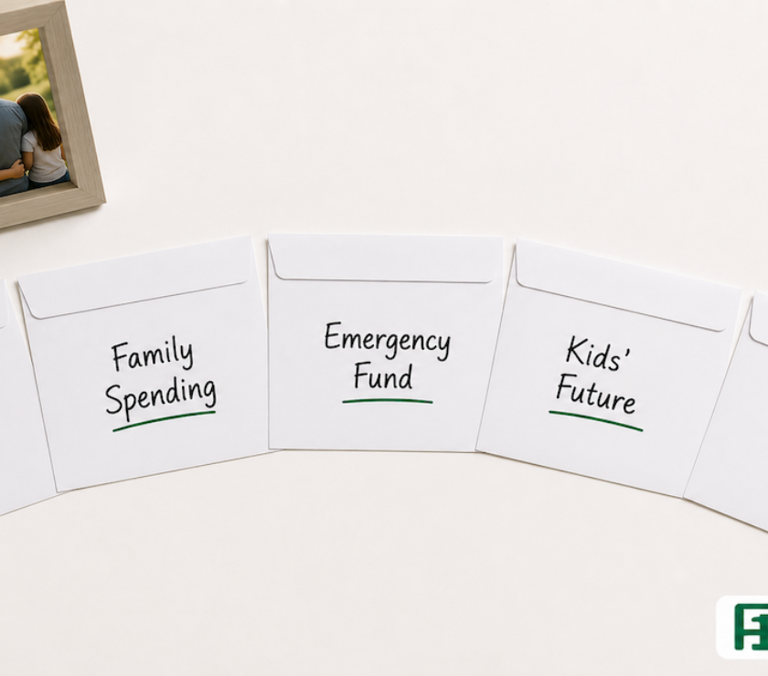 Five labeled envelopes for household bills, family spending, emergency fund, kids future, and personal arranged on a white surface — PersonalOne