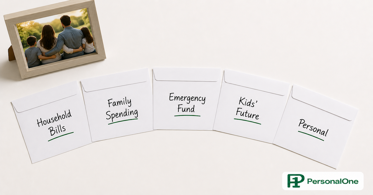Five labeled envelopes for household bills, family spending, emergency fund, kids future, and personal arranged on a white surface — PersonalOne