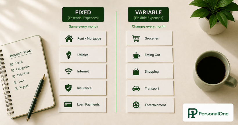 fixed vs variable expenses comparison showing organized budget categories