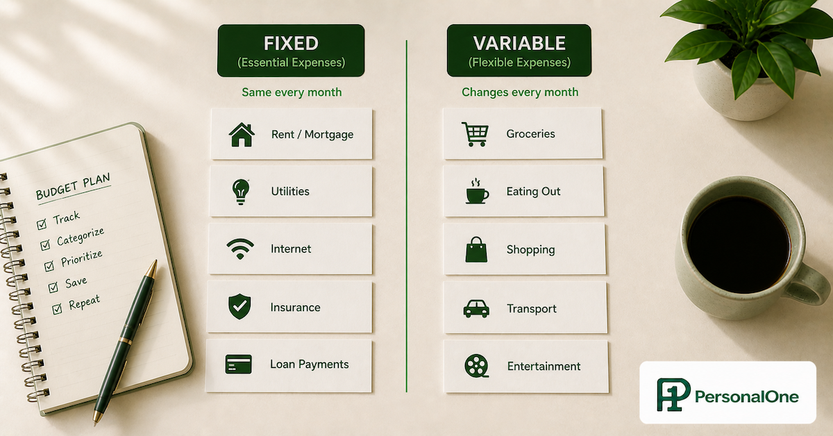 fixed vs variable expenses comparison showing organized budget categories