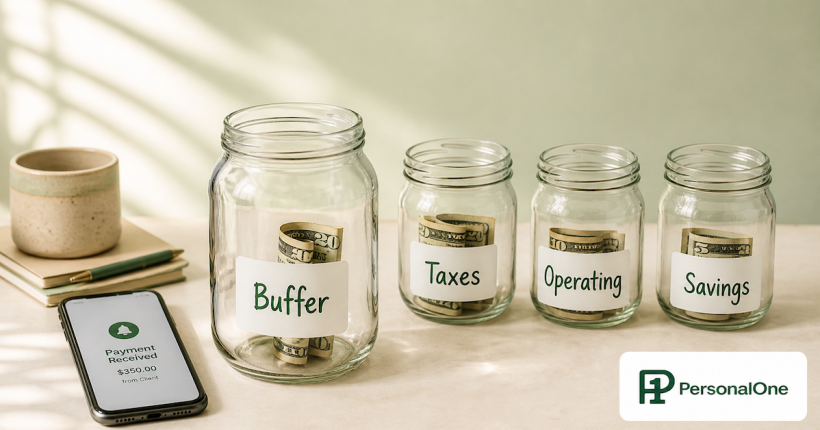 freelance slow month financial system showing low income buffer account and multiple bank accounts for irregular income
