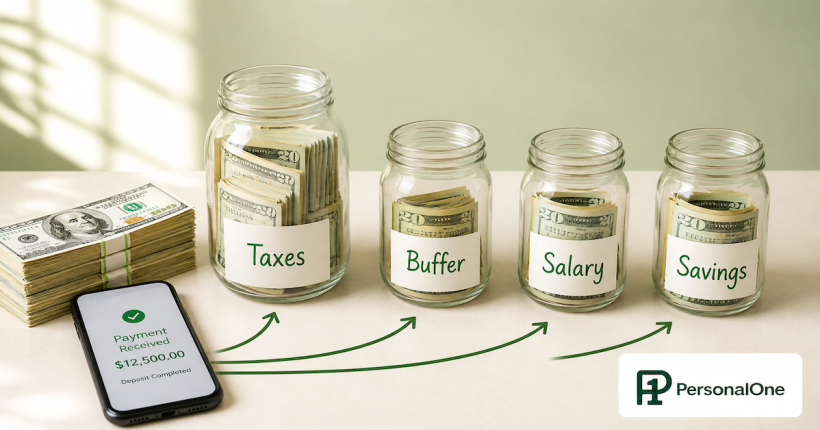 large irregular payment routing into taxes buffer salary and savings using multiple bank accounts