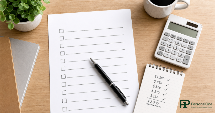Mid-year financial checkup checklist with calculator and handwritten budget notes on a clean desk