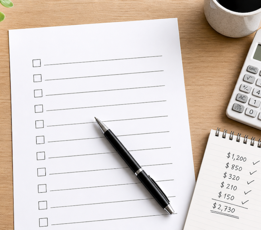 Mid-year financial checkup checklist with calculator and handwritten budget notes on a clean desk