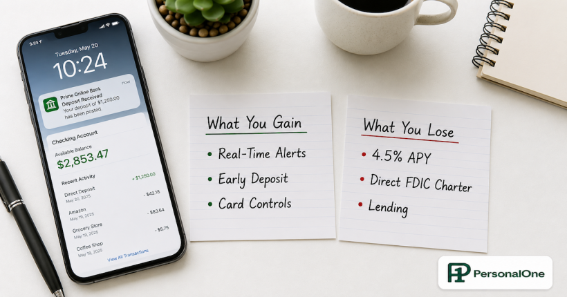 A smartphone with a banking notification beside two labeled cards listing what mobile only banking gains and loses compared to traditional online banks — PersonalOne