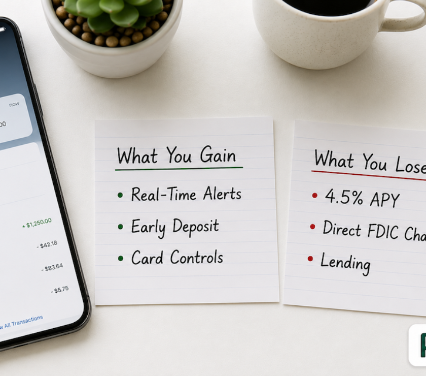 A smartphone with a banking notification beside two labeled cards listing what mobile only banking gains and loses compared to traditional online banks — PersonalOne