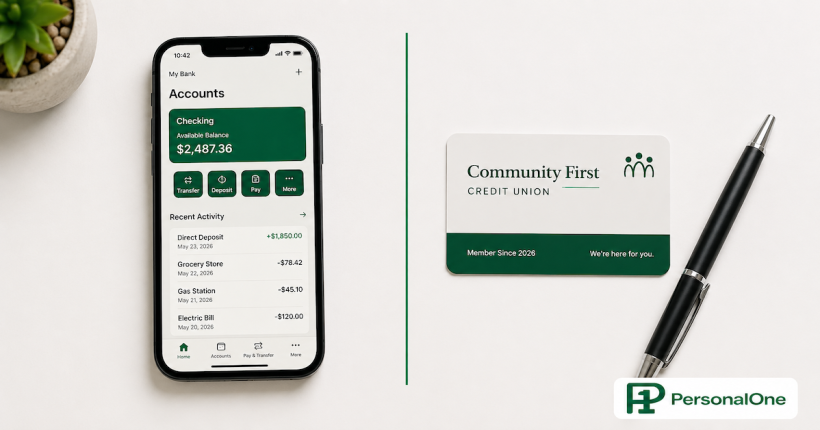 Smartphone showing a banking app beside a credit union membership card and pen on a white surface separated by a green line — PersonalOne