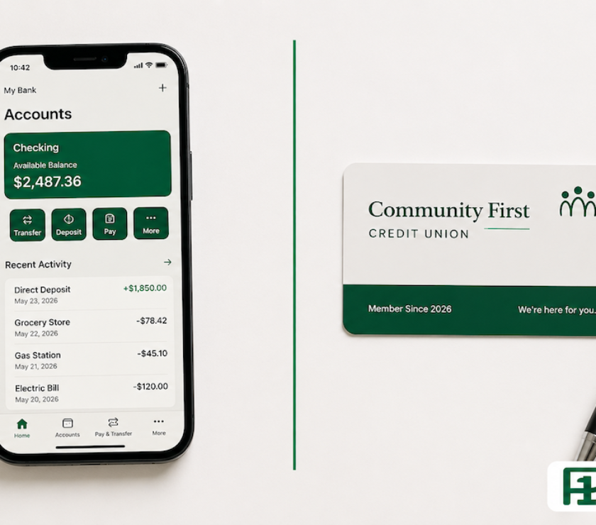 Smartphone showing a banking app beside a credit union membership card and pen on a white surface separated by a green line — PersonalOne