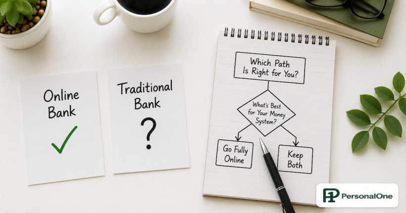 Two labeled bank cards on a white desk beside a notepad flowchart showing a decision between going fully online and keeping both institutions — PersonalOne