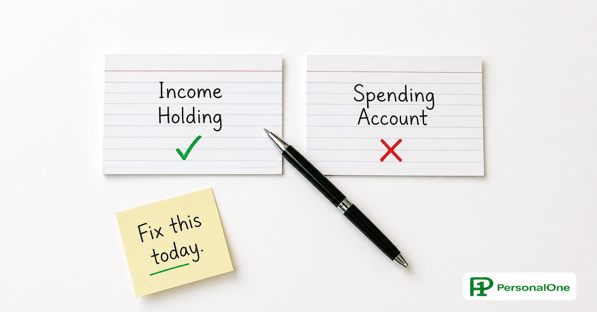 Two labeled cards on a white desk showing income routed to the wrong account with a pen pointing toward the correct destination and a sticky note saying fix this today — PersonalOne