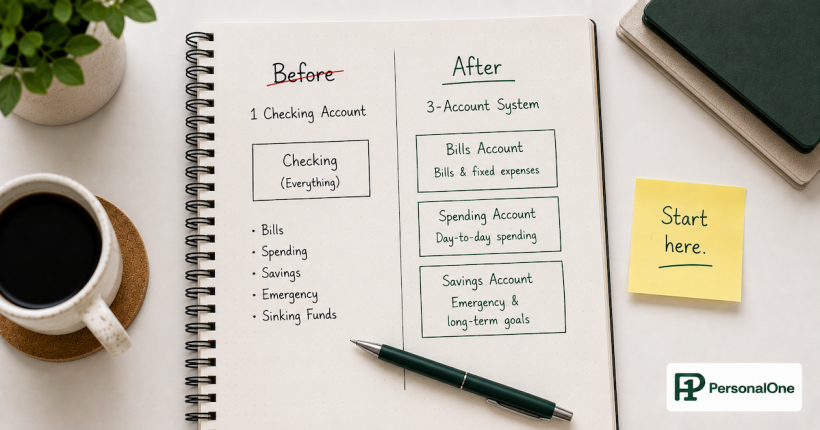 Notebook open to two columns showing a before banking structure crossed out and an after structure drawn in green with a sticky note saying start here — PersonalOne