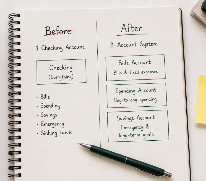 Notebook open to two columns showing a before banking structure crossed out and an after structure drawn in green with a sticky note saying start here — PersonalOne