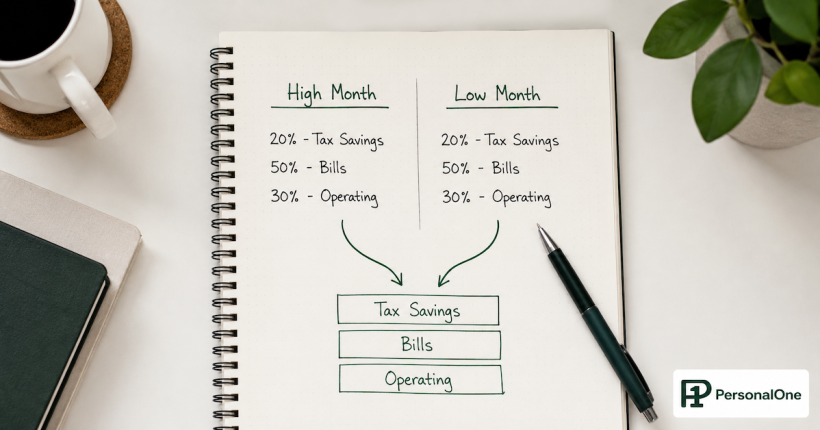 Notebook open to two income columns showing identical percentage routing to Tax Savings, Bills, and Operating accounts regardless of income amount — PersonalOne