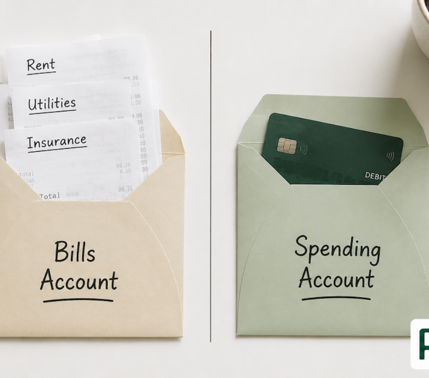 Two labeled envelopes on a white desk separating a Bills Account with rent and utility receipts from a Spending Account with a debit card — PersonalOne
