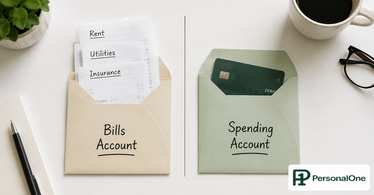 Two labeled envelopes on a white desk separating a Bills Account with rent and utility receipts from a Spending Account with a debit card — PersonalOne