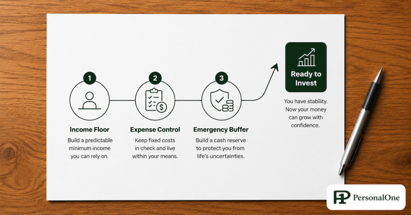 Three-step financial stability pathway diagram showing income floor, expense control, and emergency buffer leading to investing readiness on a warm wood surface — PersonalOne