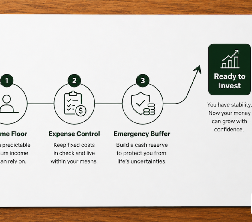 Three-step financial stability pathway diagram showing income floor, expense control, and emergency buffer leading to investing readiness on a warm wood surface — PersonalOne