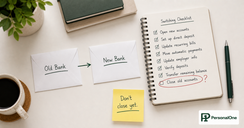 Two labeled bank envelopes connected by an arrow on a white desk beside a checklist with one item circled in red and a sticky note saying don't close yet — PersonalOne