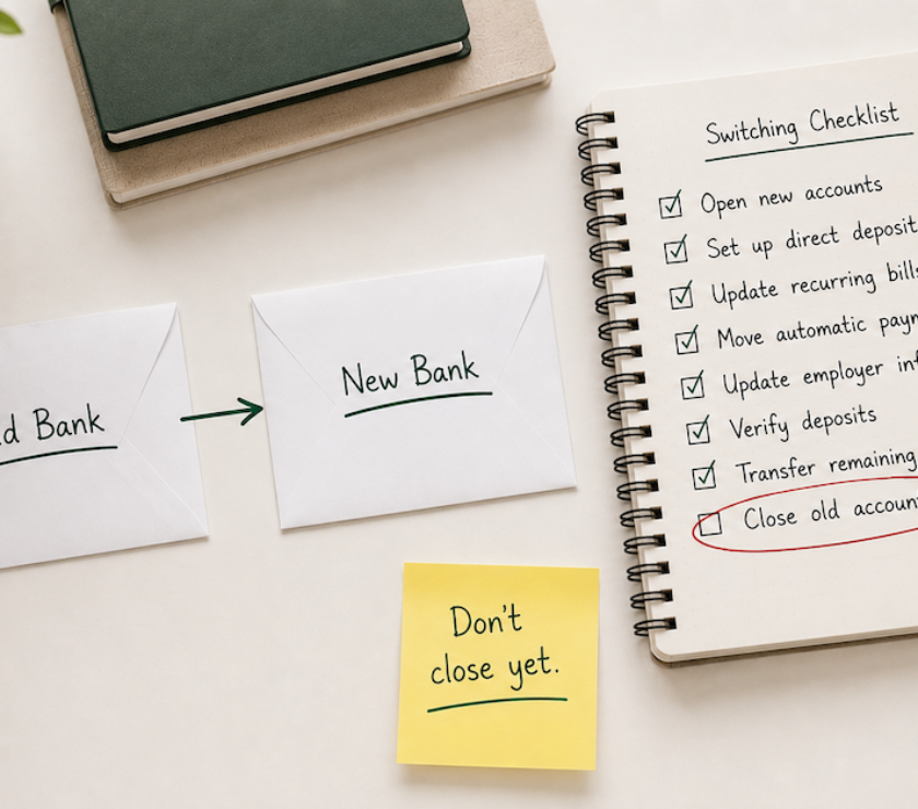 Two labeled bank envelopes connected by an arrow on a white desk beside a checklist with one item circled in red and a sticky note saying don't close yet — PersonalOne