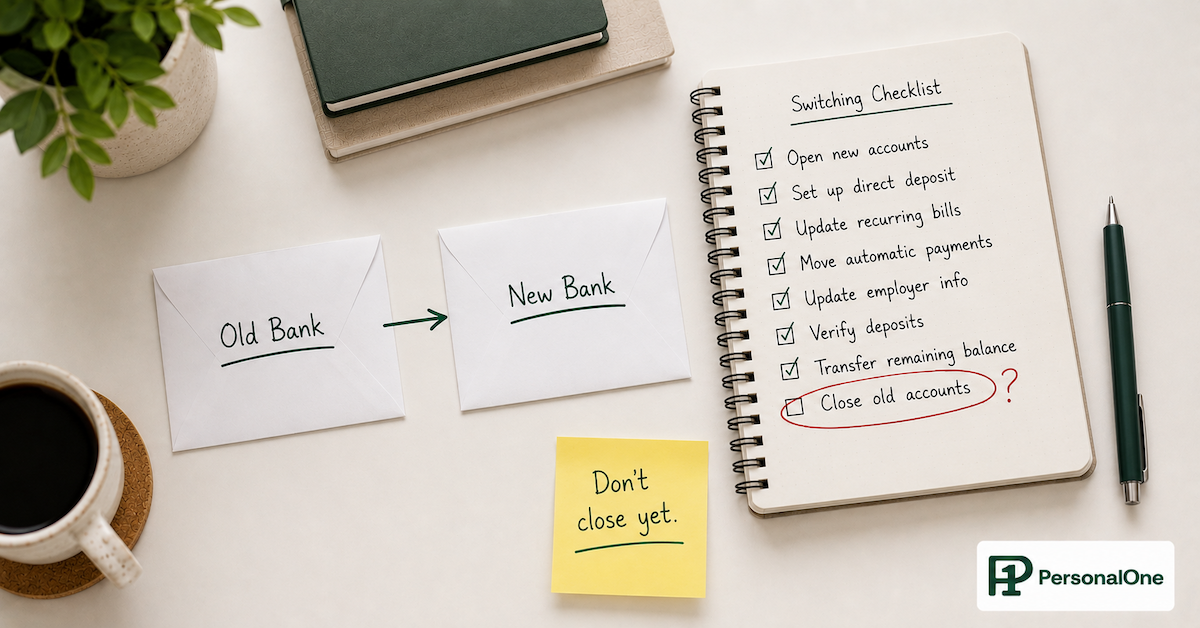Two labeled bank envelopes connected by an arrow on a white desk beside a checklist with one item circled in red and a sticky note saying don't close yet — PersonalOne