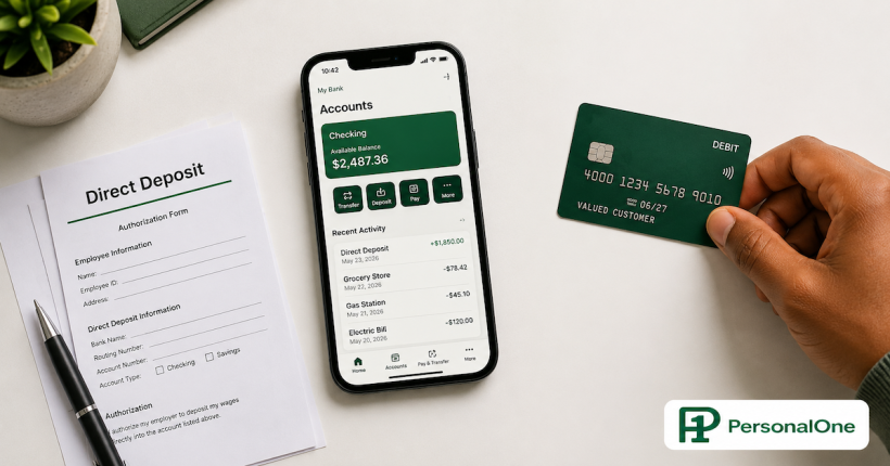 Smartphone showing a banking app beside a direct deposit form and a debit card on a white surface — PersonalOne