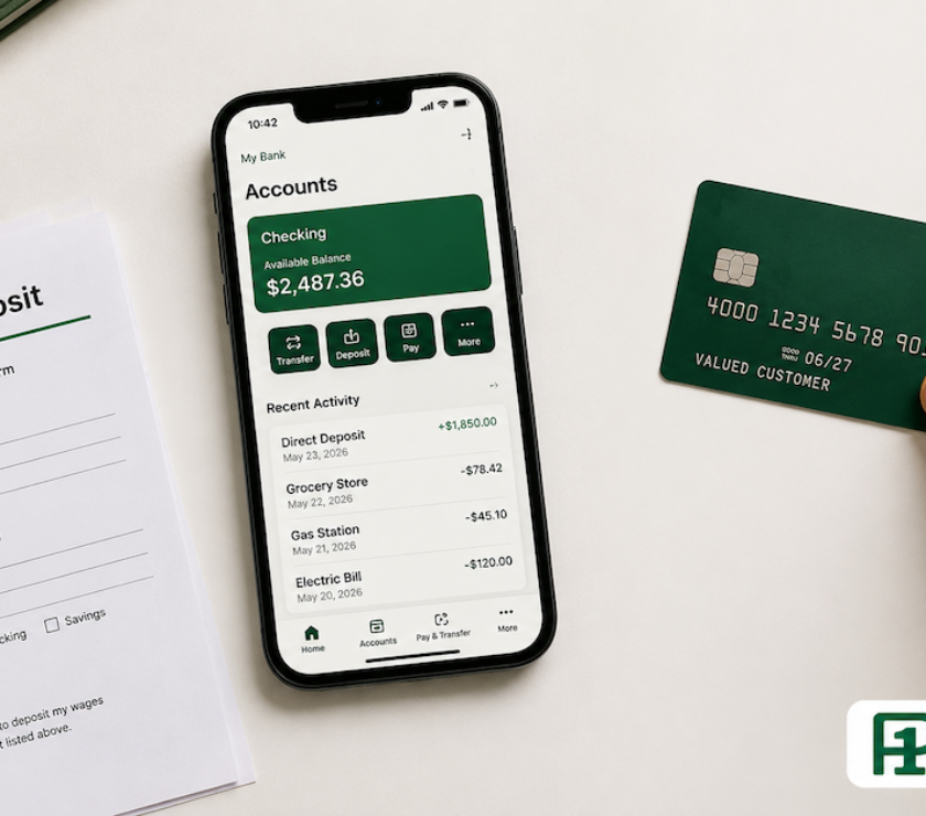 Smartphone showing a banking app beside a direct deposit form and a debit card on a white surface — PersonalOne