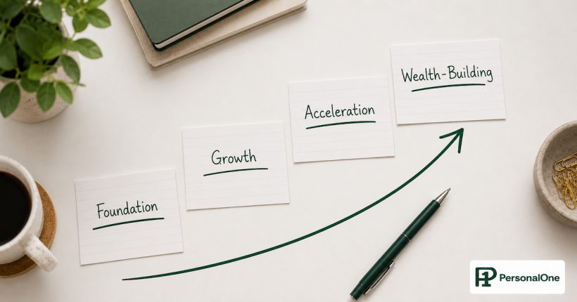 Four index cards arranged in ascending order labeled Foundation, Growth, Acceleration, and Wealth-Building showing the banking upgrade path as income grows — PersonalOne