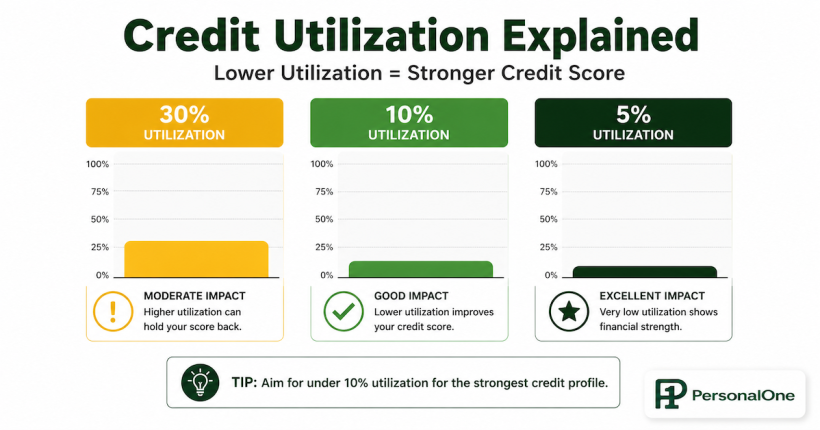 Credit utilization scoring ranges infographic showing optimal 1 to 10 percent through severe damage above 70 percent with FICO score impact labels