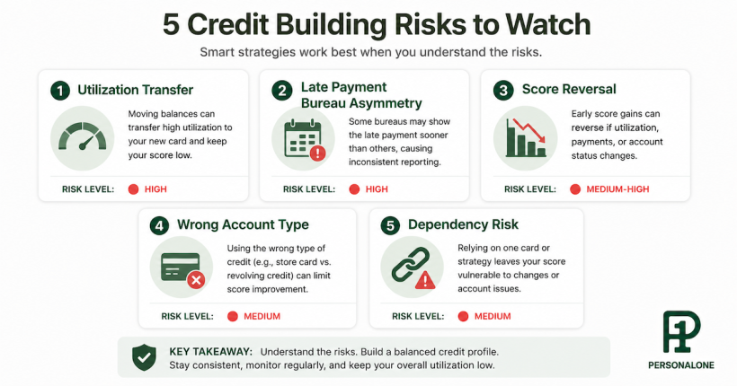 Risk assessment checklist showing five ways authorized user status can hurt your credit score — utilization transfer, late payment bureau asymmetry, score reversal, wrong account type, and over-reliance on borrowed credit