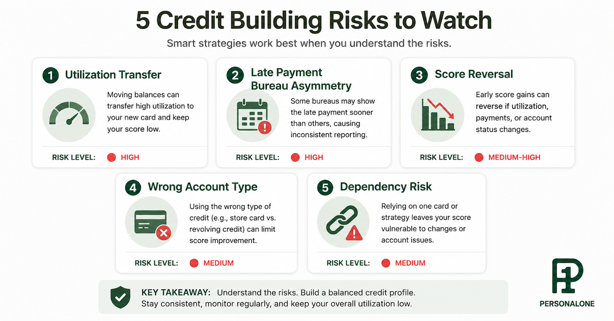 Risk assessment checklist showing five ways authorized user status can hurt your credit score — utilization transfer, late payment bureau asymmetry, score reversal, wrong account type, and over-reliance on borrowed credit
