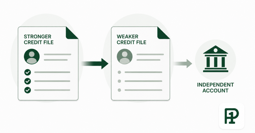 Couples authorized user strategy framework showing four steps — assess starting positions, design AU structure, build independent credit in parallel, and protect both credit files through any transition — with a mortgage qualification timeline overlay