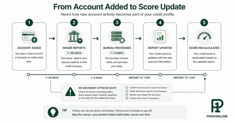 Five-stage pipeline diagram showing the path from authorized user account addition through issuer transmission, bureau processing, report update, and score recalculation with timeline ranges for each stage