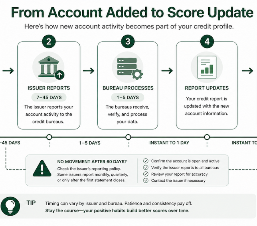 Five-stage pipeline diagram showing the path from authorized user account addition through issuer transmission, bureau processing, report update, and score recalculation with timeline ranges for each stage