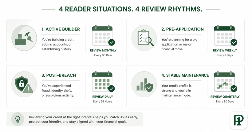 Illustration showing four credit report review schedules based on reader situation — active building, pre-application, post-breach, and stable maintenance