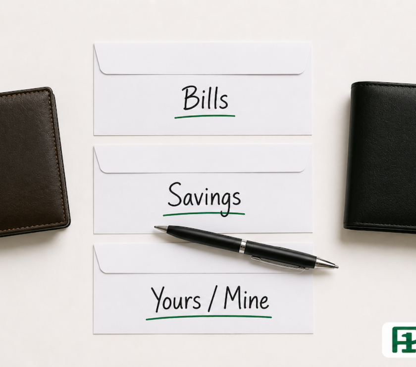 Two wallets beside three labeled envelopes reading Bills, Savings, and Yours Mine on a white surface with a pen — PersonalOne