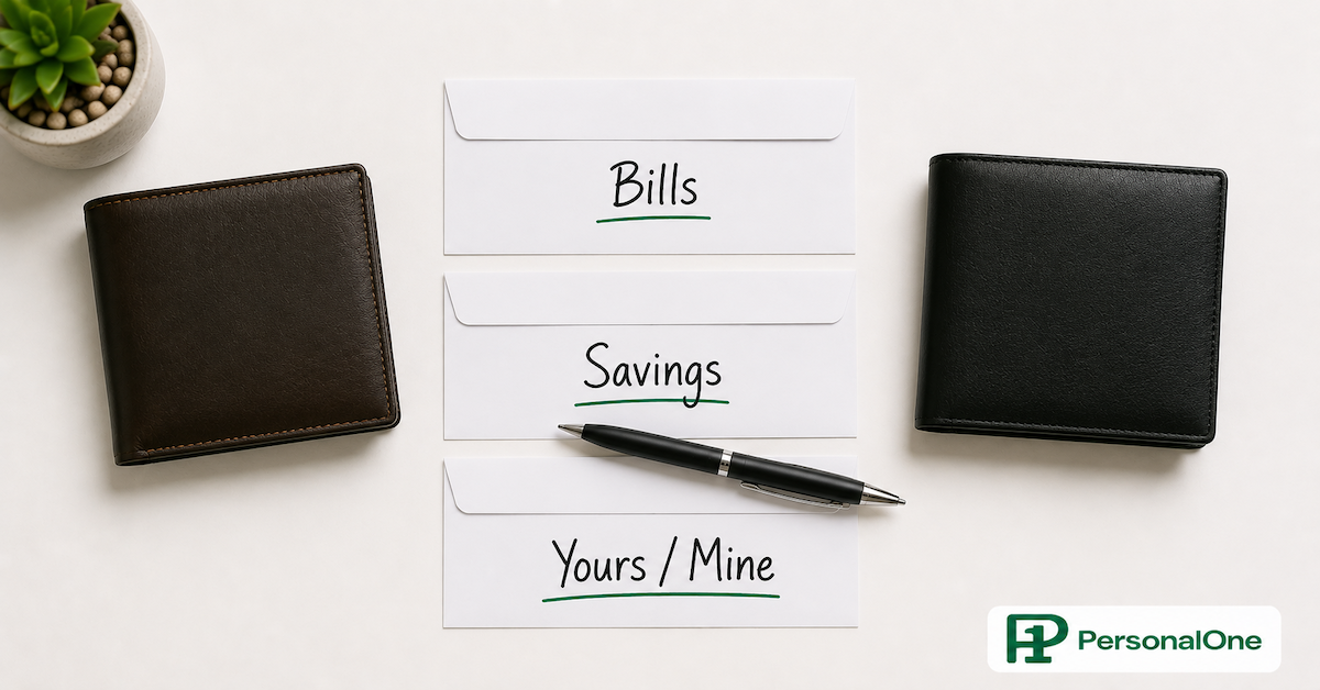 Two wallets beside three labeled envelopes reading Bills, Savings, and Yours Mine on a white surface with a pen — PersonalOne