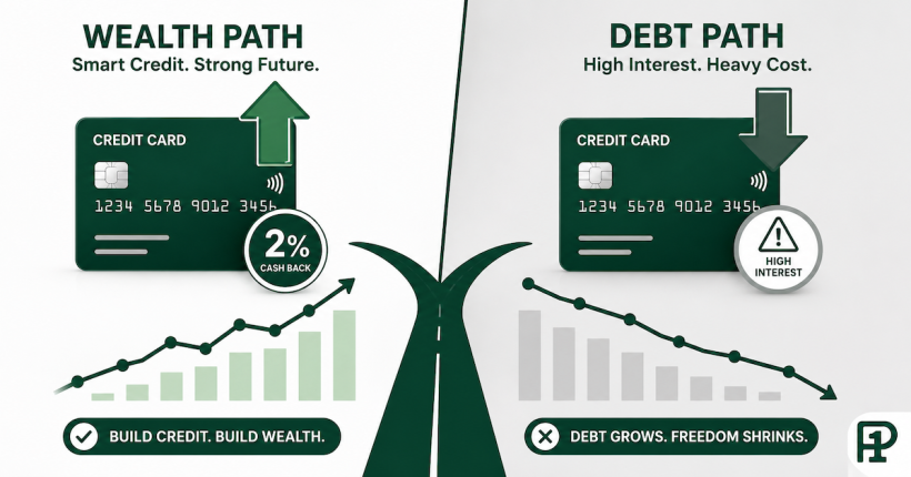 Split diagram showing two paths for credit card use, one leading upward toward wealth building through full payoff and low utilization, the other leading downward toward debt through carried balances and high utilization