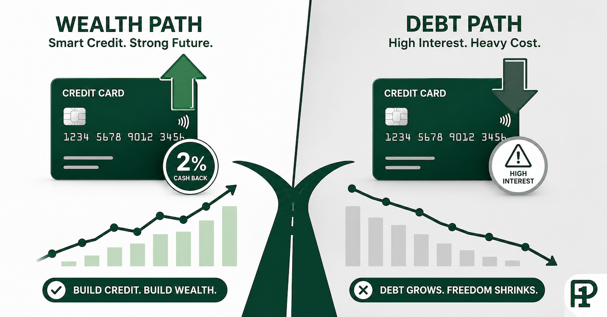 Split diagram showing two paths for credit card use, one leading upward toward wealth building through full payoff and low utilization, the other leading downward toward debt through carried balances and high utilization