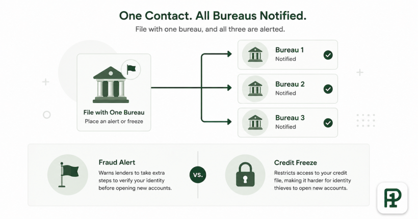 Illustration showing how placing a fraud alert at one credit bureau automatically notifies all three, compared to a credit freeze which requires separate action at each bureau