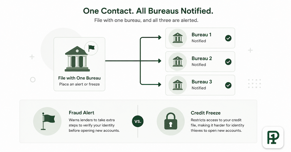 Illustration showing how placing a fraud alert at one credit bureau automatically notifies all three, compared to a credit freeze which requires separate action at each bureau