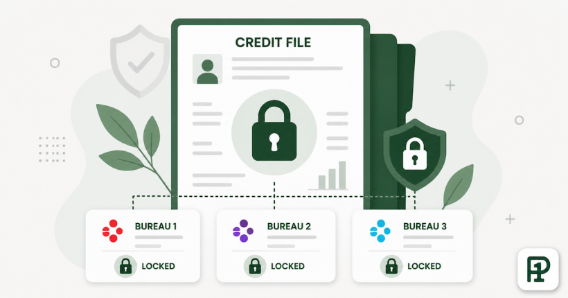 Illustration showing a credit freeze locking access to credit files at all three major bureaus to prevent identity theft