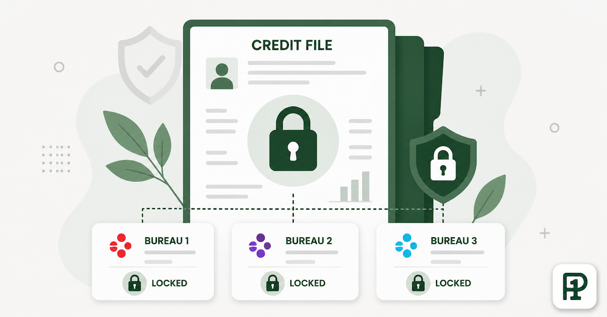Illustration showing a credit freeze locking access to credit files at all three major bureaus to prevent identity theft