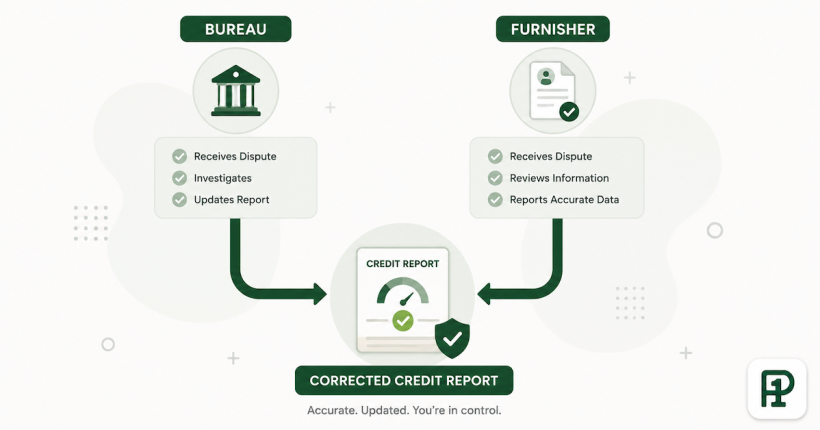 Diagram showing the two-path dispute strategy — filing simultaneously with both the credit bureau and the data furnisher — for resolving credit report errors