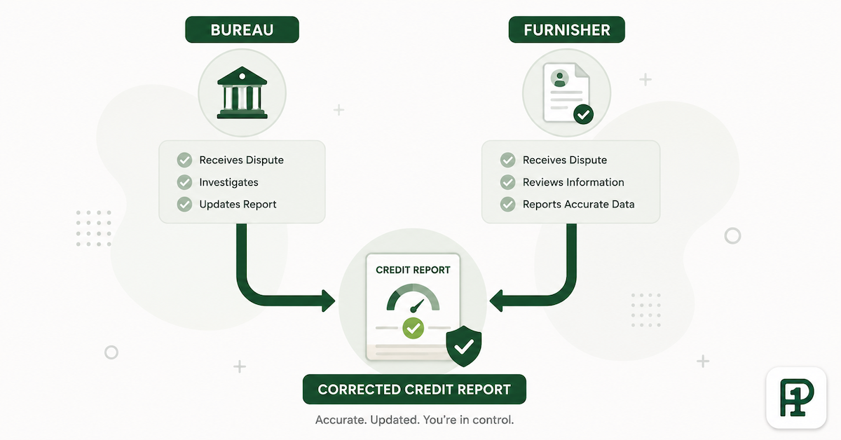 Diagram showing the two-path dispute strategy — filing simultaneously with both the credit bureau and the data furnisher — for resolving credit report errors
