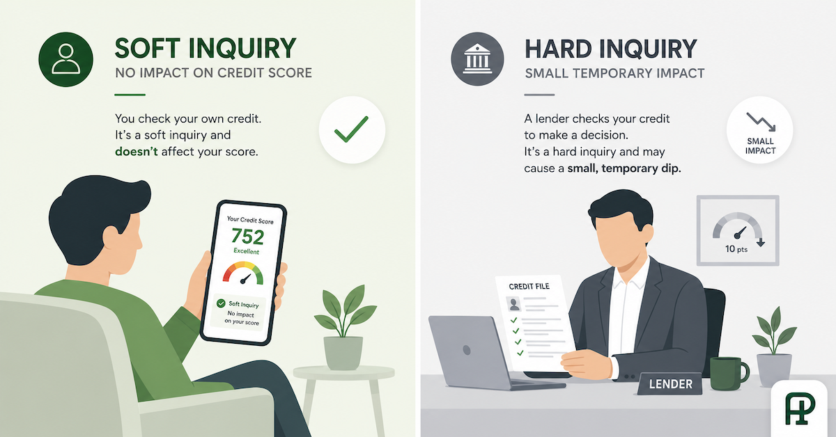 Illustration comparing a soft inquiry from checking your own credit score versus a hard inquiry triggered by a lender credit check