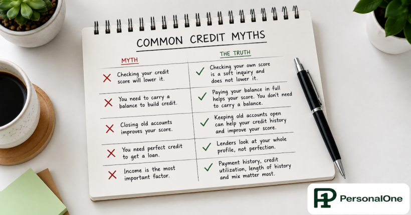 A notepad on a white desk showing a list of credit score myths crossed out in red with green checkmarks beside the corrections beside a pen — PersonalOne