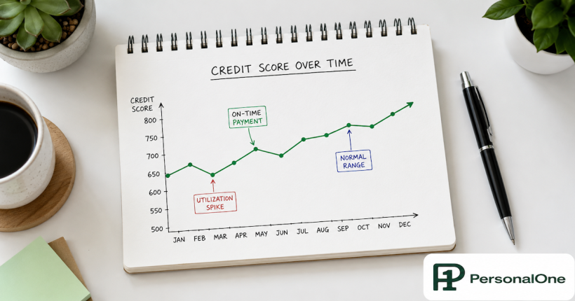 A hand-drawn line graph on a notepad showing monthly credit score fluctuation with labels for utilization spike and on-time payment beside a pen — PersonalOne