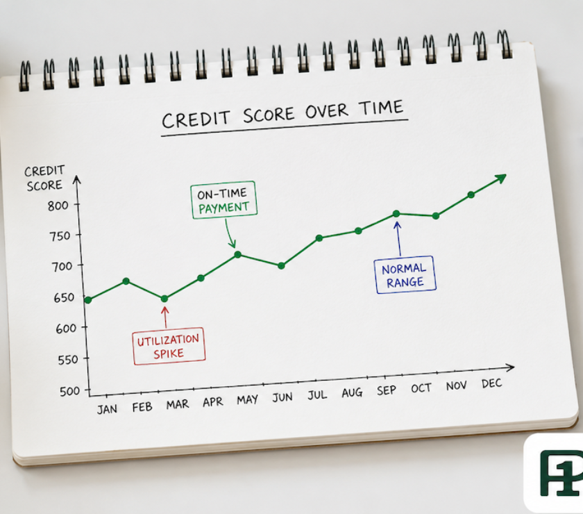 A hand-drawn line graph on a notepad showing monthly credit score fluctuation with labels for utilization spike and on-time payment beside a pen — PersonalOne