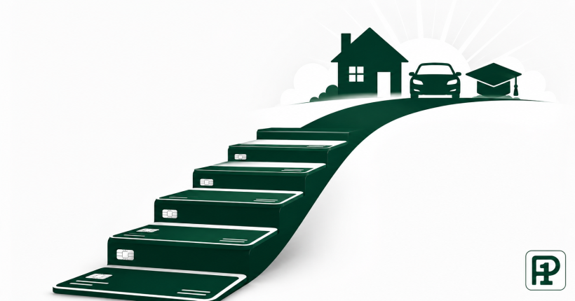 Staircase illustration with credit-card-shaped steps leading up toward icons representing a house, car, and education, symbolizing credit score progress toward major financial goals