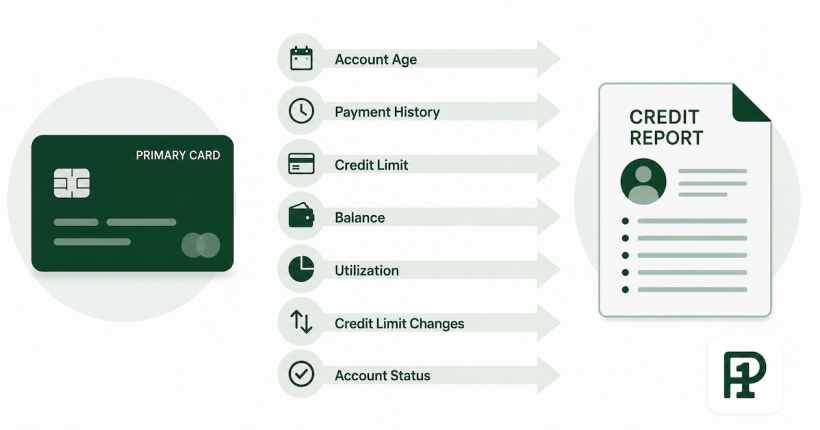 Pipeline diagram showing seven data fields that transfer from a primary credit card account to an authorized user's credit report — account open date, credit limit, balance, payment history, account status, account type, and issuer name — with arrows showing how each field feeds into FICO scoring factors